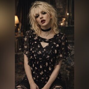 Anna Sui Black Floral Blouse Womens Sz Petite Metallic Polka Dot Cut Out Top